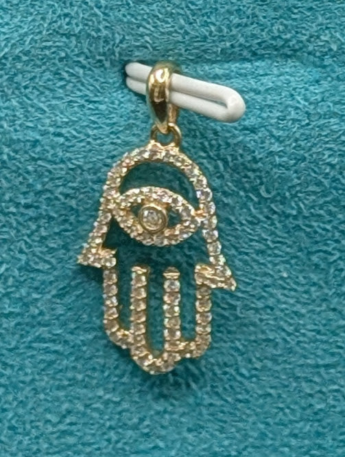 14K Gold Iced Out Hamza Hand Hollow Pendant