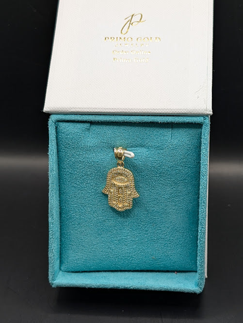 14K Gold Iced Out Hamza Hand Solid Pendant
