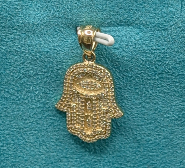 14K Gold Iced Out Hamza Hand Solid Pendant