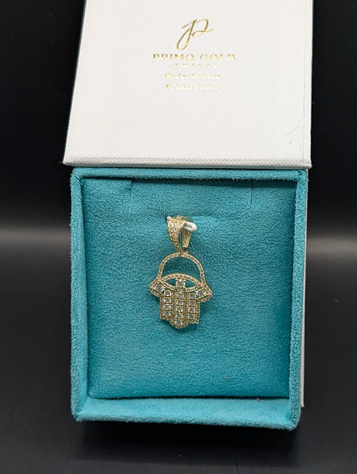 14K Gold Iced Out Hamza Hand Pendant