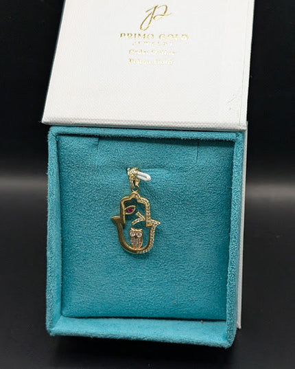 14K Gold Iced Out Hamza Hand Owl Pendant