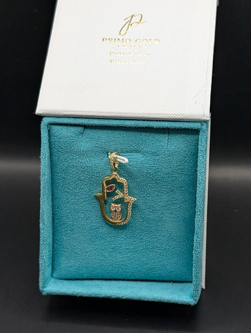 14K Gold Iced Out Hamza Hand Owl Pendant