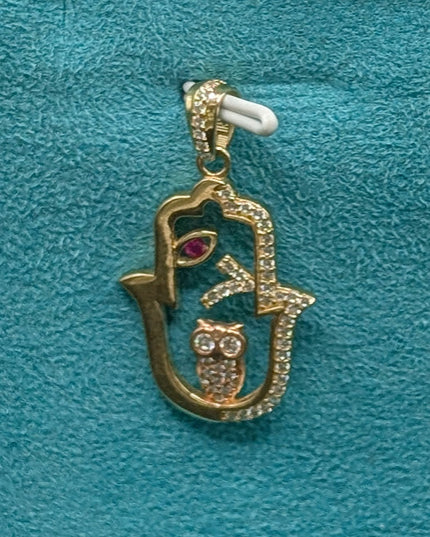 14K Gold Iced Out Hamza Hand Owl Pendant