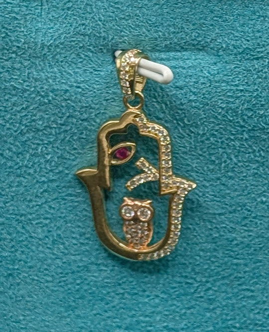 14K Gold Iced Out Hamza Hand Owl Pendant