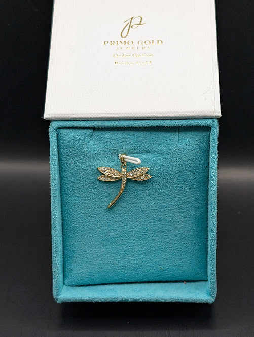 14K Gold Iced Out Dragonfly Pendant