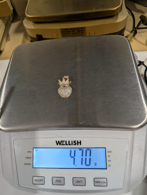 14K Gold Iced Out Heart Crown Pendant