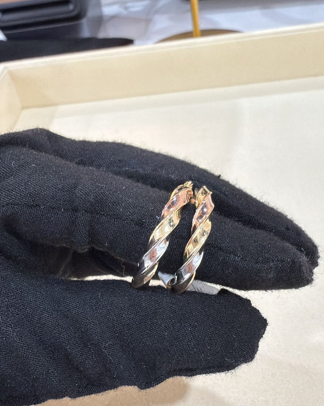 14K Gold Tri Color Twisted Small Hoop Earrings
